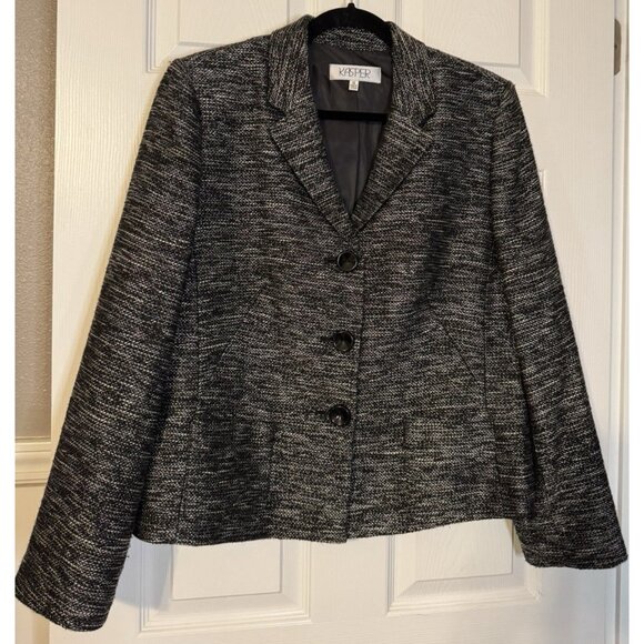 Kasper Suit Jacket Blazer 14 Black Metallic Gold Fleck Classic 3 Button Stretch - Picture 2 of 11